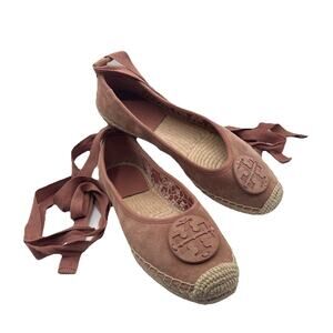 Tory Burch Minnie Espadrille Ballet Flats Sz 9.5 Pink Suede Removable Ankle Tie